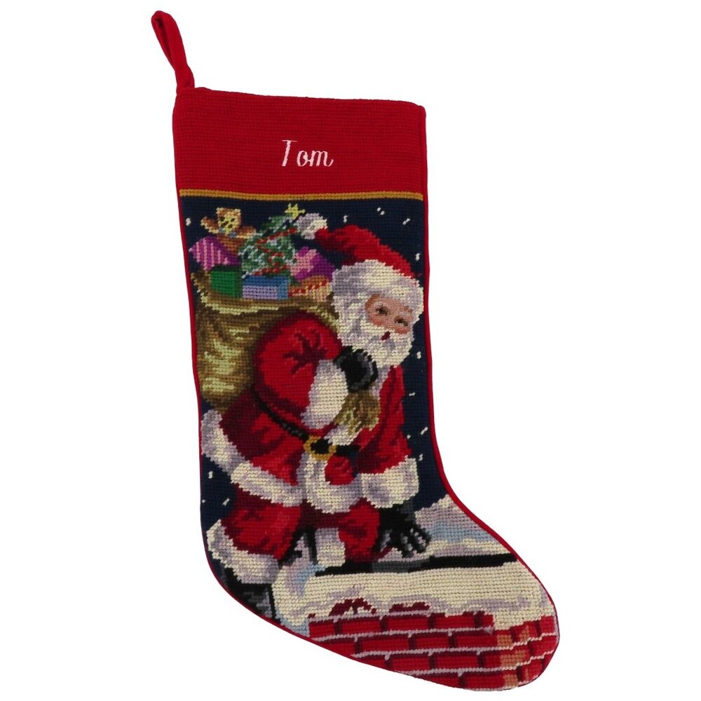 Red Santa Claus Needlepoint TOM Embroidered Christmas Stocking Holiday Xmas
